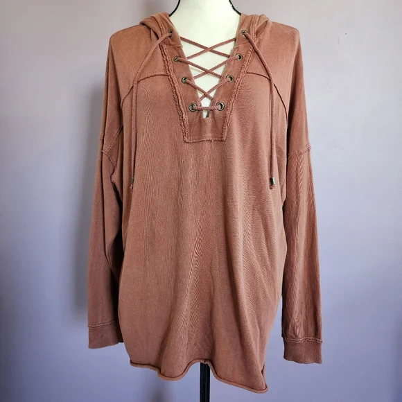 Lace-Up Hooded Pullover Top - Rust - Picture 1 of 14